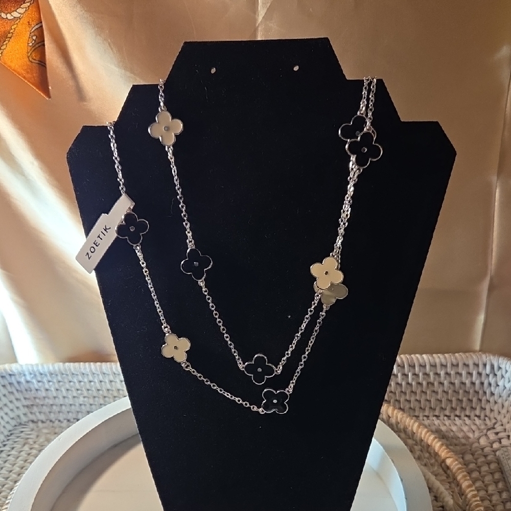 Silver-Tone Floral Station Necklace - Black & Cream Flower Accents